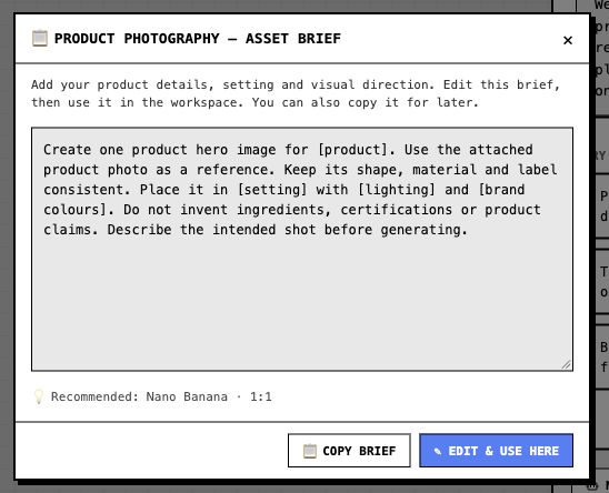 Artifact’s editable product-photography brief with controls to copy or use it in the workspace